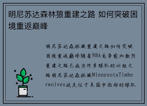 明尼苏达森林狼重建之路 如何突破困境重返巅峰