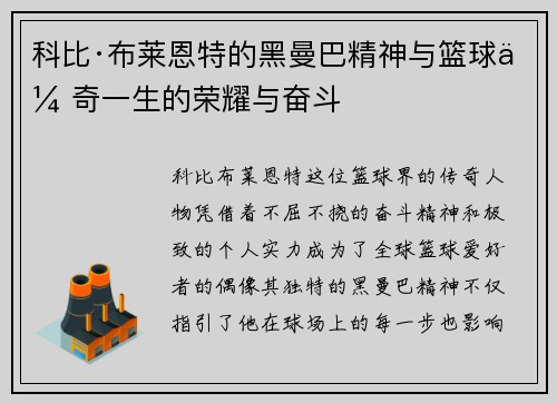 科比·布莱恩特的黑曼巴精神与篮球传奇一生的荣耀与奋斗