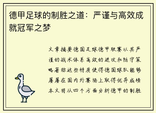 德甲足球的制胜之道：严谨与高效成就冠军之梦